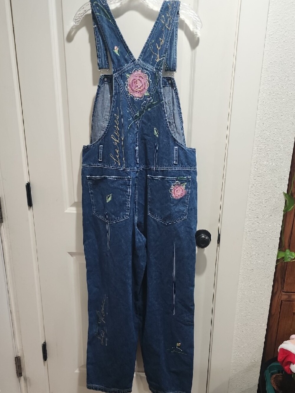 Vintage Revolt Denim Overalls – Hand Painted Floral Wide Leg Boho Y2K Size 16 - Picture 2 of 6